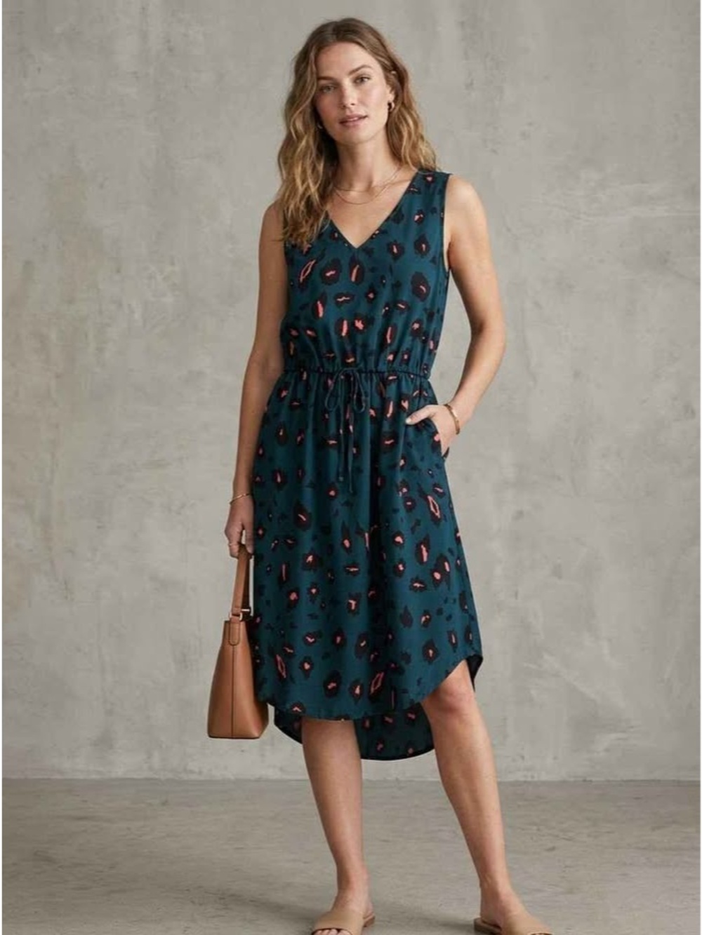 Teal Abstract Animal Print High-Low Midi Dress EUC M